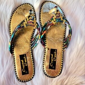 Crystal Creek NWOT Gold And Multi Thong Flip Flop Sandals Size 9